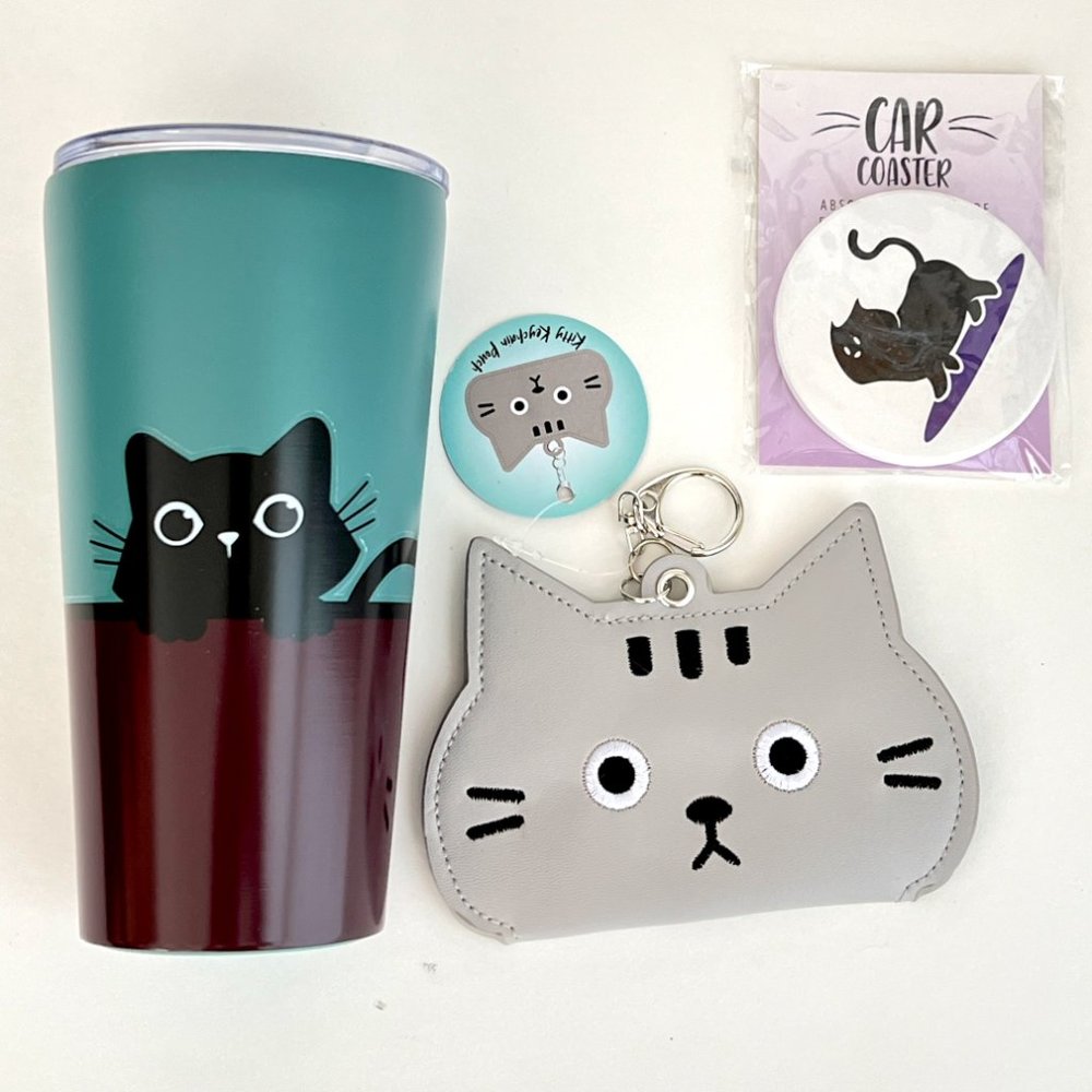 Curious Kitten Travel Coffee Tumbler Mug, Kitty Keychain Pouch, Car Coaster